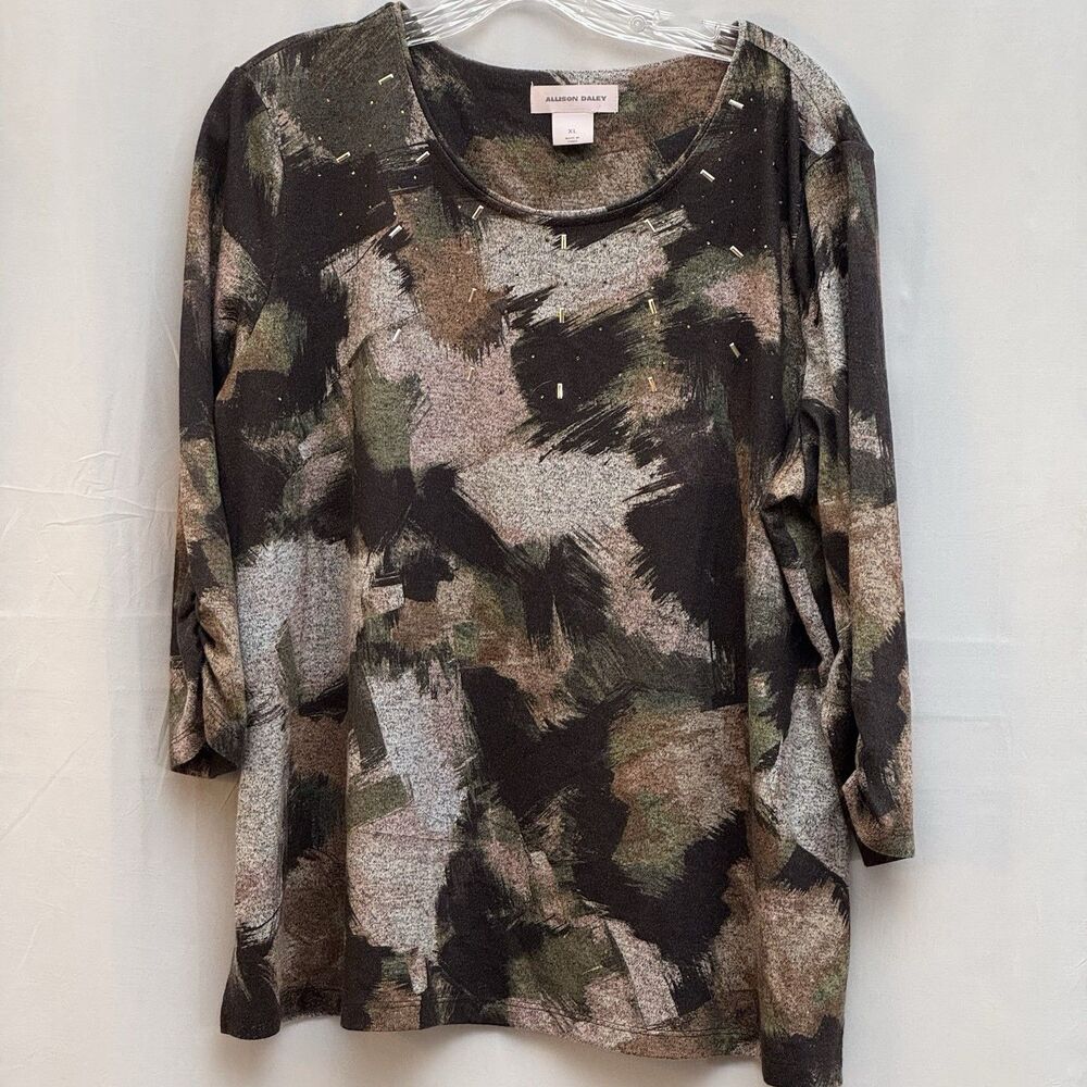 Allison Daley Womens XL Abstract Print Top Brown Olive Green Embellished 3/4